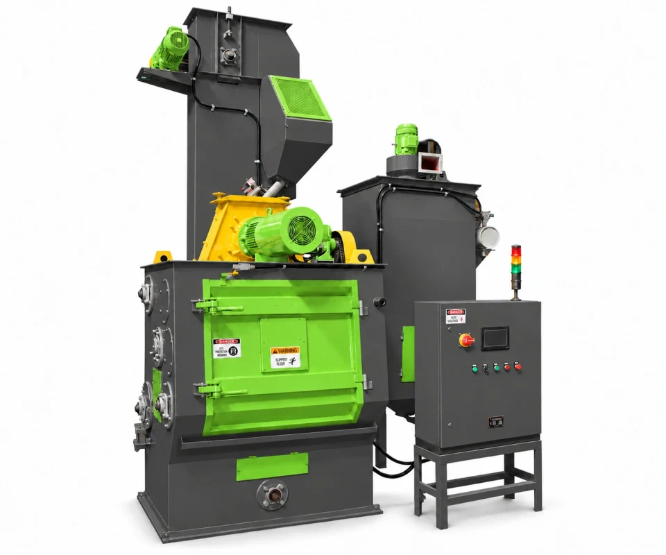 Granalladoras BlastMech TB con base MetalPress carbón oscuro y puertas, motores y tapas verdes