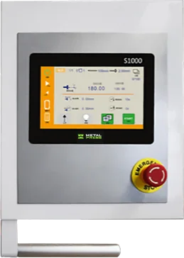 MGS shear touchscreen CNC controller with MetalPress branding and emergency stop