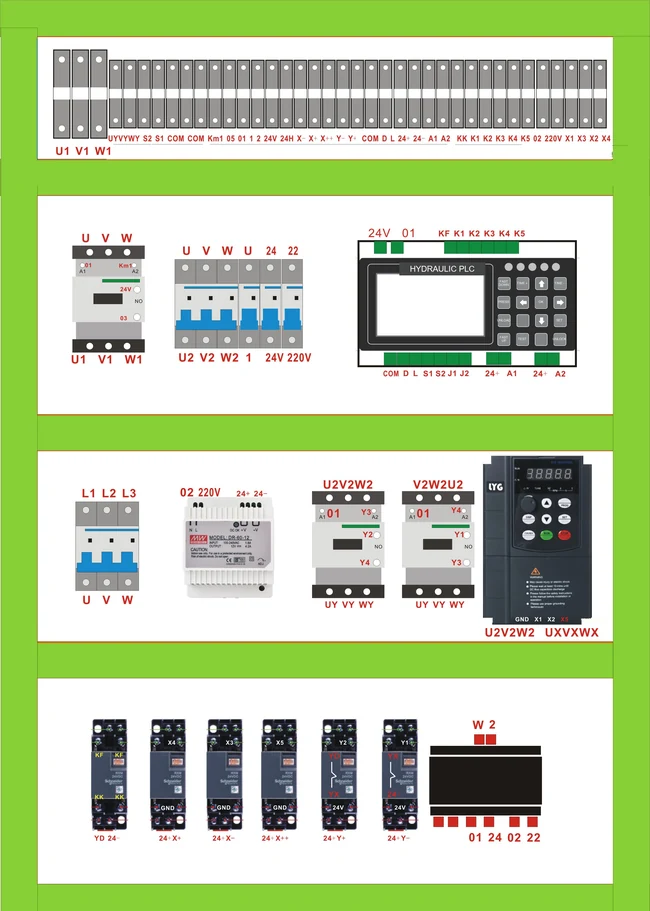 MGS electrical-control components with English labels and terminal identifiers